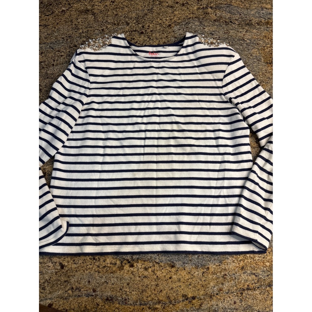 Boden Womens Navy White Striped Beaded Shoulder Long Sleeve Top Size US 8 T1132